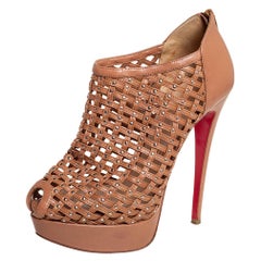 Christian Louboutin Brown Leather Kasha Caged Peep Toe Booties Size 38.5