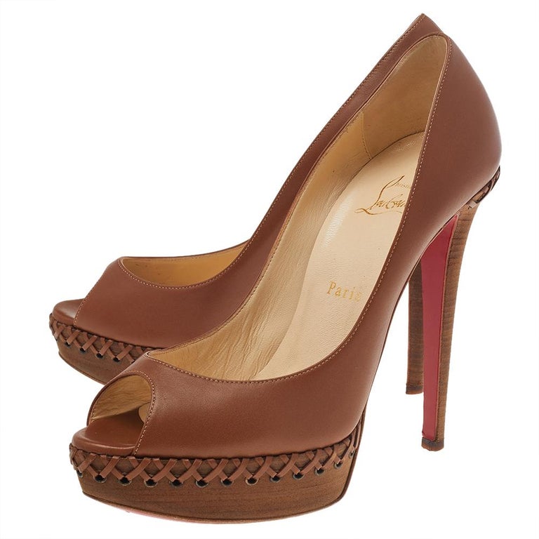 Christian Louboutin Brown Leather Lady Indiana Peep Toe Platform Pumps Size  39.5 at 1stDibs