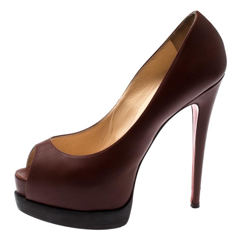 Women's Christian Louboutin Brown Leather Peep toe Platform Pumps Size 38.5