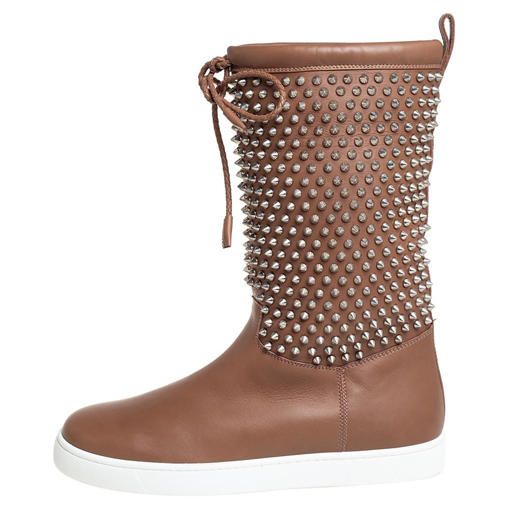 Christian Louboutin Brown Leather Surlapony Spiked Mid Calf Boots Size 41.5 In New Condition In Dubai, Al Qouz 2