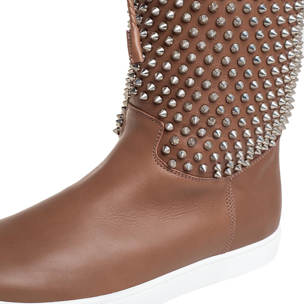 Women's Christian Louboutin Brown Leather Surlapony Spiked Mid Calf Boots Size 41.5