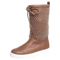 Christian Louboutin Brown Leather Surlapony Spiked Mid Calf Boots Size 41.5