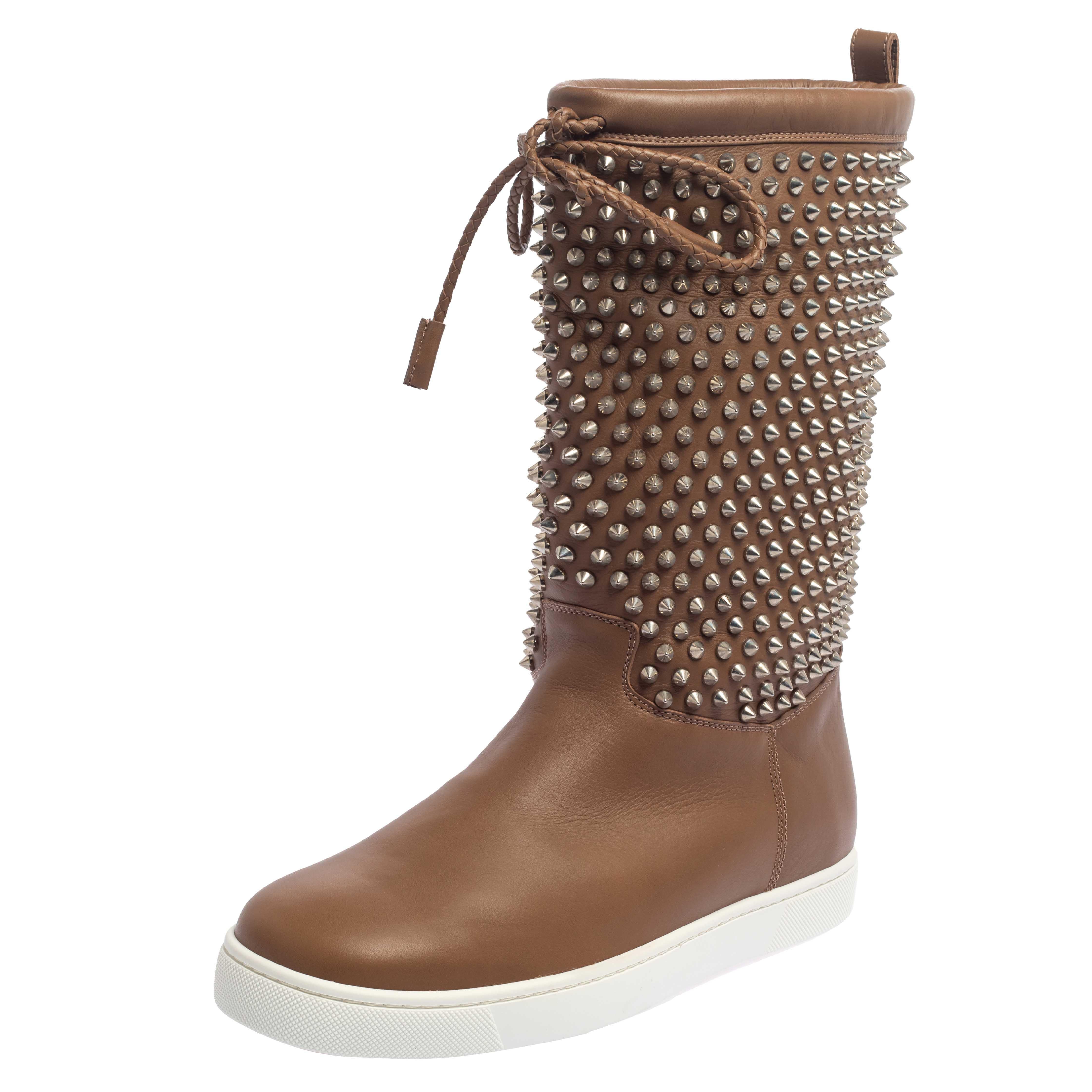 Christian Louboutin Brown Leather Surlapony Spiked Mid Calf Boots Size 42