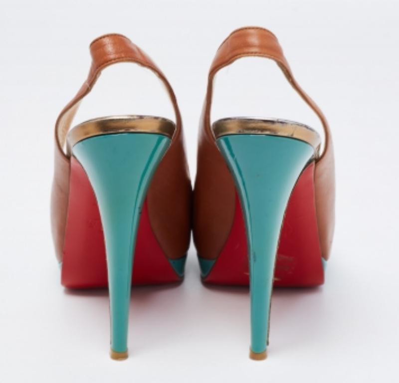Women's Christian Louboutin Brown Leather Very Croise Slingback Platform Pumps Size 38 For Sale