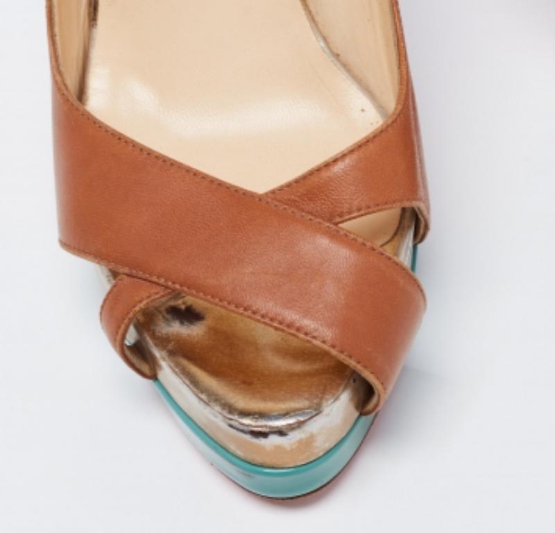 Christian Louboutin Brown Leather Very Croise Slingback Platform Pumps Size 38 For Sale 1