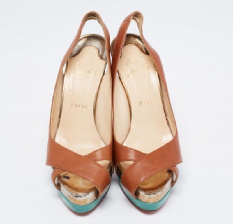 Christian Louboutin Brown Leather Very Croise Slingback Platform Pumps Size 38 For Sale 3