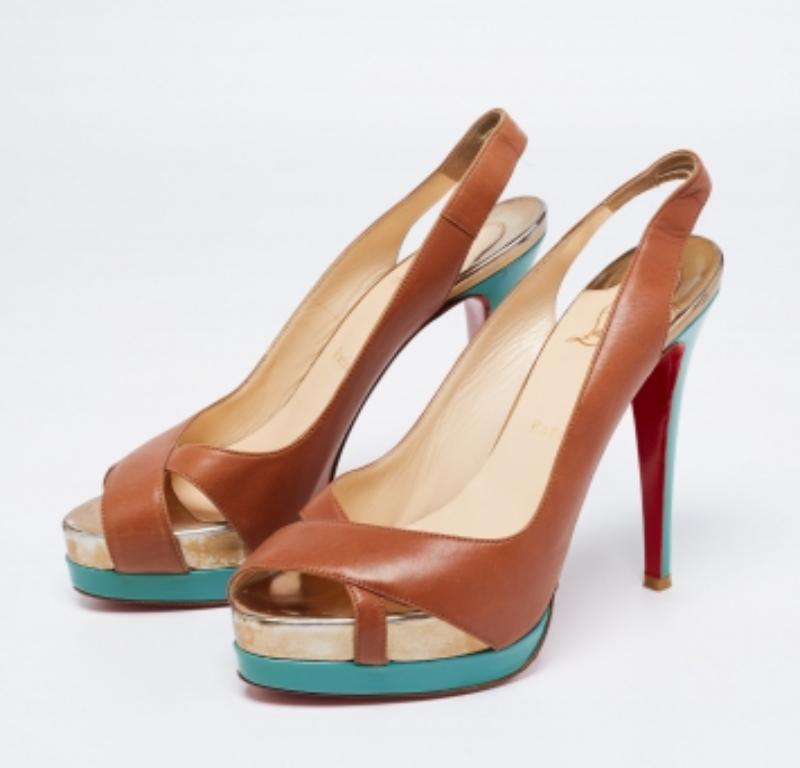 Christian Louboutin Brown Leather Very Croise Slingback Platform Pumps Size 38 For Sale 4