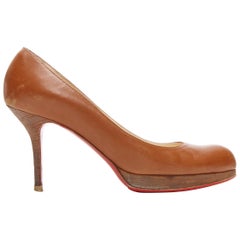 CHRISTIAN LOUBOUTIN brown leather wooden platform almond round toe pump EU37