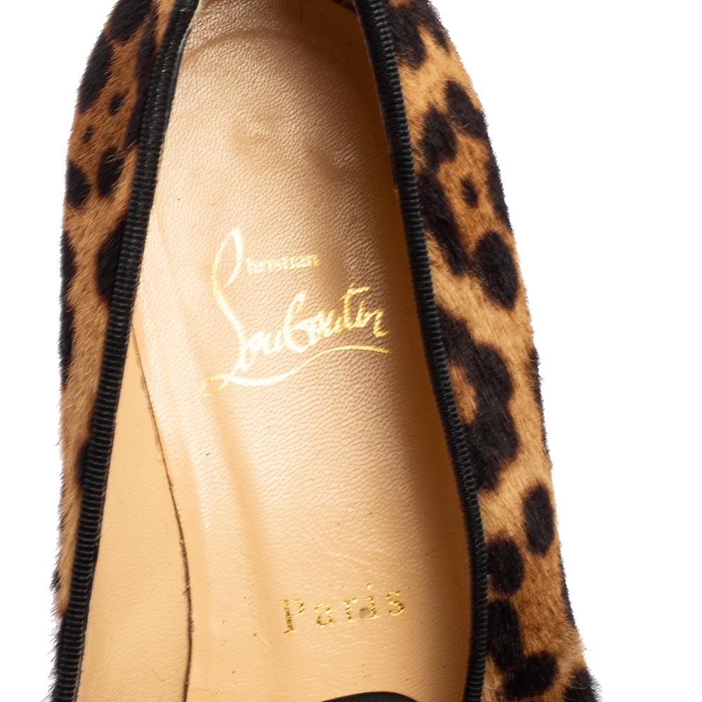 Christian Louboutin Brown Leopard Print Black Patent Leather Loafers Size 37 For Sale 1
