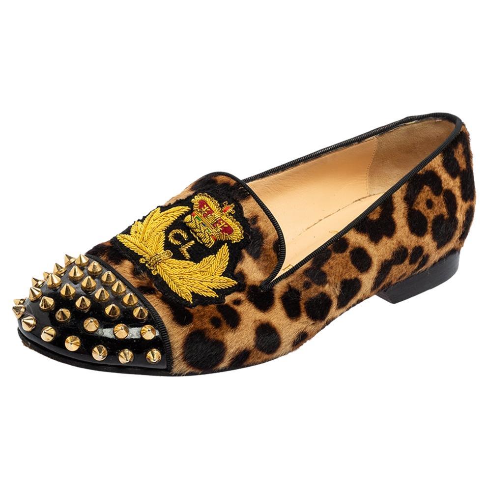 Christian Louboutin Brown Leopard Print Black Patent Leather Loafers Size 37 For Sale