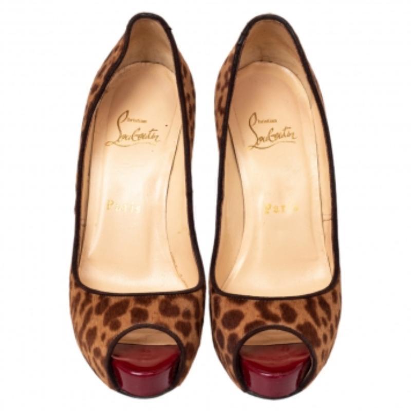 Marron Christian Louboutin Brown Leopard Print Calf Hair Dorispky Peeptoe Pumps Size 36