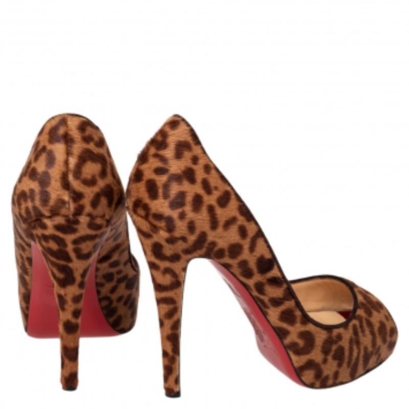 Christian Louboutin Brown Leopard Print Calf Hair Dorispky Peeptoe Pumps Size 36 Bon état à Dubai, Al Qouz 2