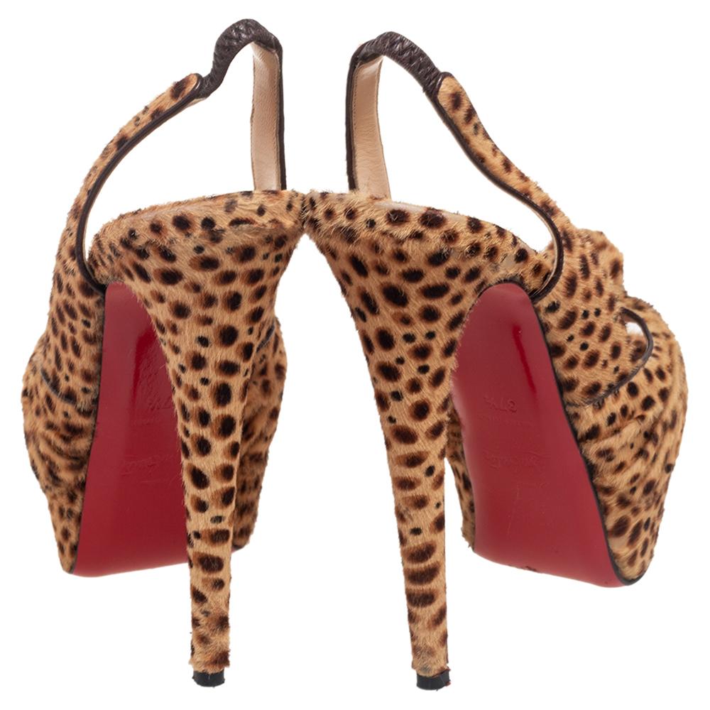 Christian Louboutin Brown Leopard Print Calf Hair Jenny Slingback  Size 37.5 In Good Condition For Sale In Dubai, Al Qouz 2