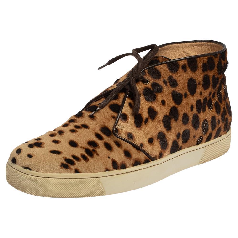 Christian Louboutin Brown Leopard Print Calf Hair Lace Up Sneaker Size 43 For Sale