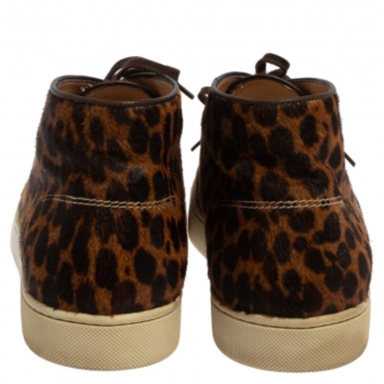 Men's Christian Louboutin Brown Leopard Print  Calf Hair Lace Up Sneakers Size 43 For Sale