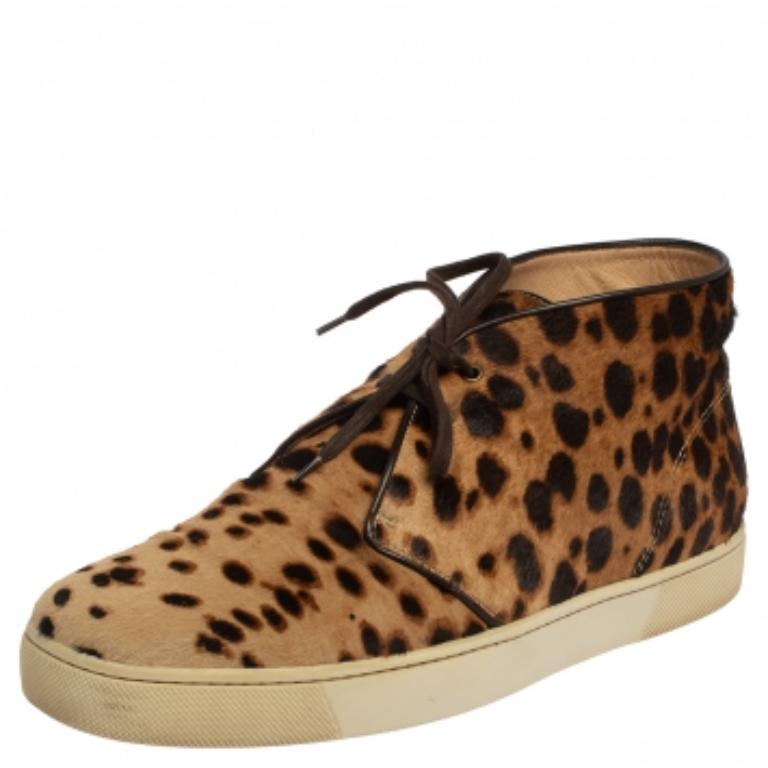 Christian Louboutin Brown Leopard Print  Calf Hair Lace Up Sneakers Size 43 For Sale 1