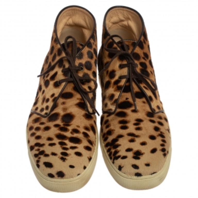 Christian Louboutin Brown Leopard Print  Calf Hair Lace Up Sneakers Size 43 For Sale 2