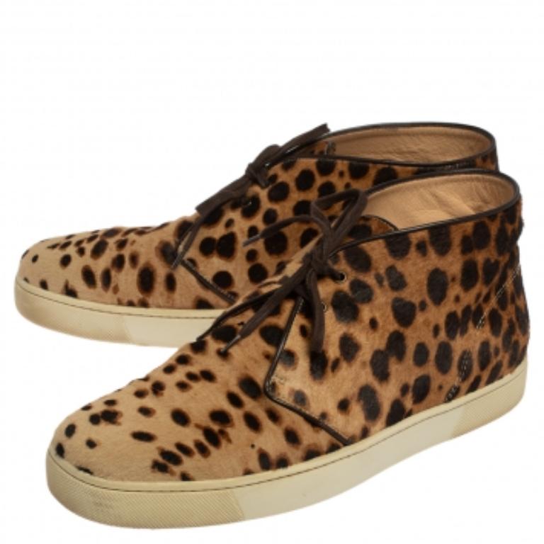 Christian Louboutin Brown Leopard Print  Calf Hair Lace Up Sneakers Size 43 For Sale 3