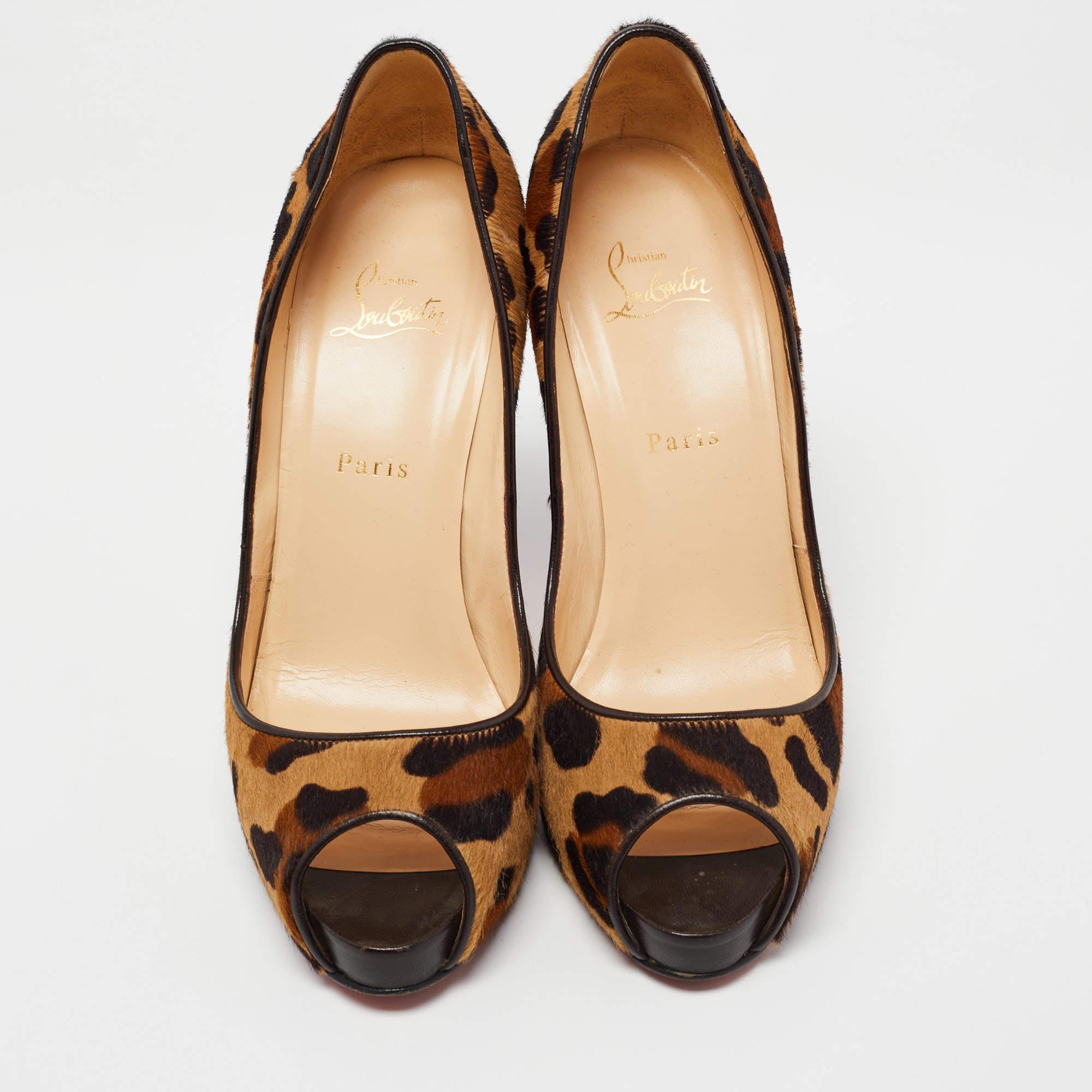 Christian Louboutin Brown Leopard Print Calf Hair Very Prive Peep Toe Pumps Size For Sale 2