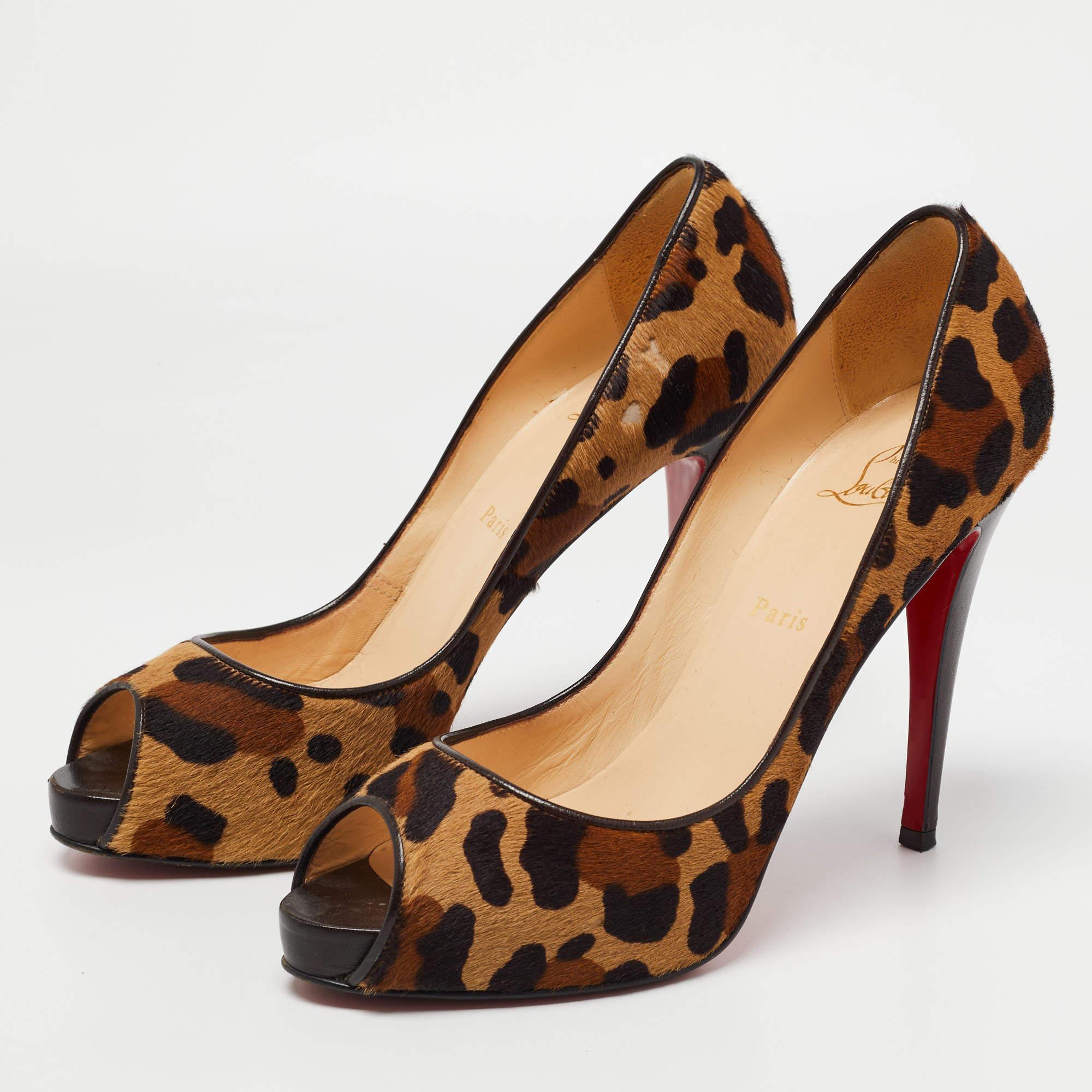 Christian Louboutin Brown Leopard Print Calf Hair Very Prive Peep Toe Pumps Size For Sale 3