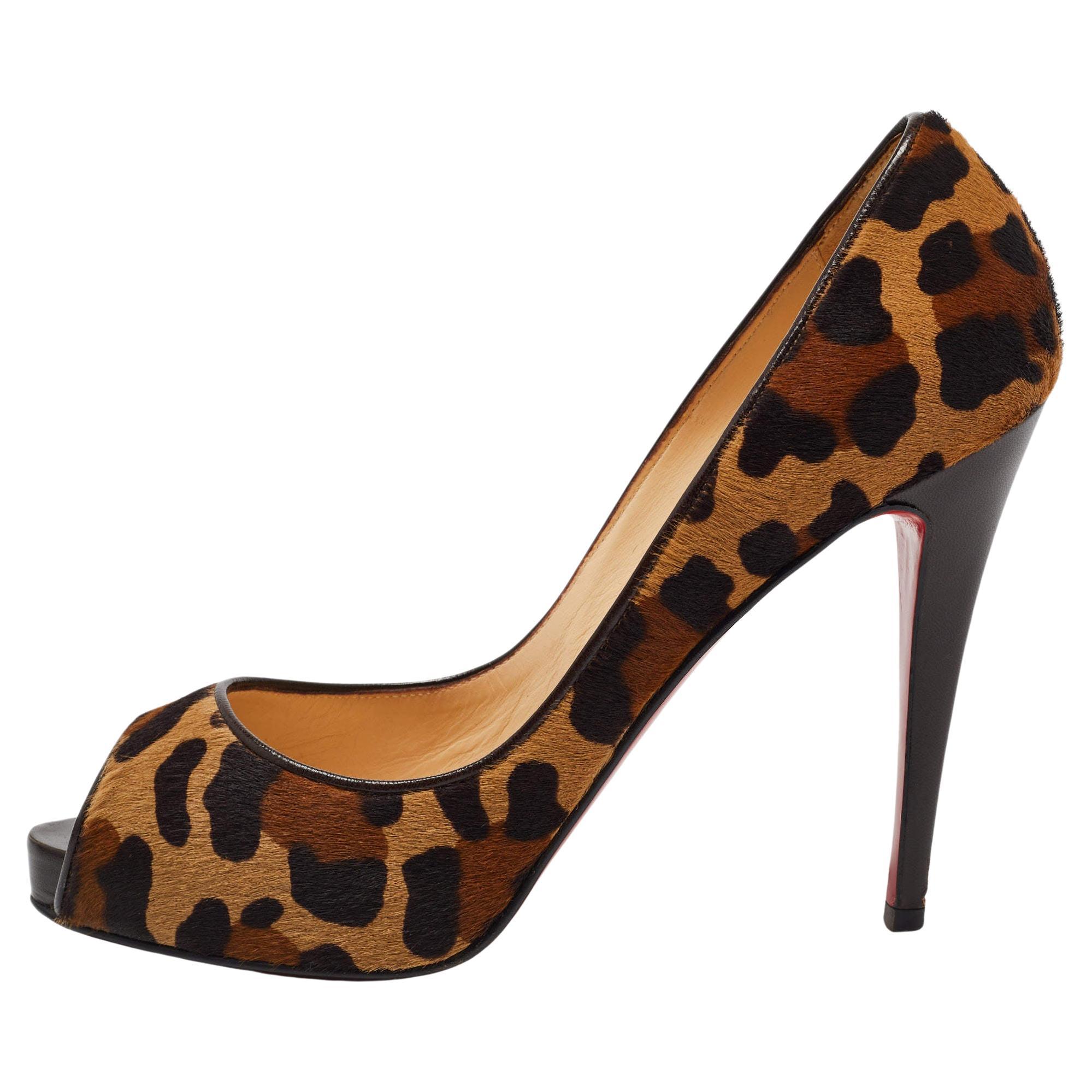 Christian Louboutin Brown Leopard Print Calf Hair Very Prive Peep Toe Pumps Size For Sale