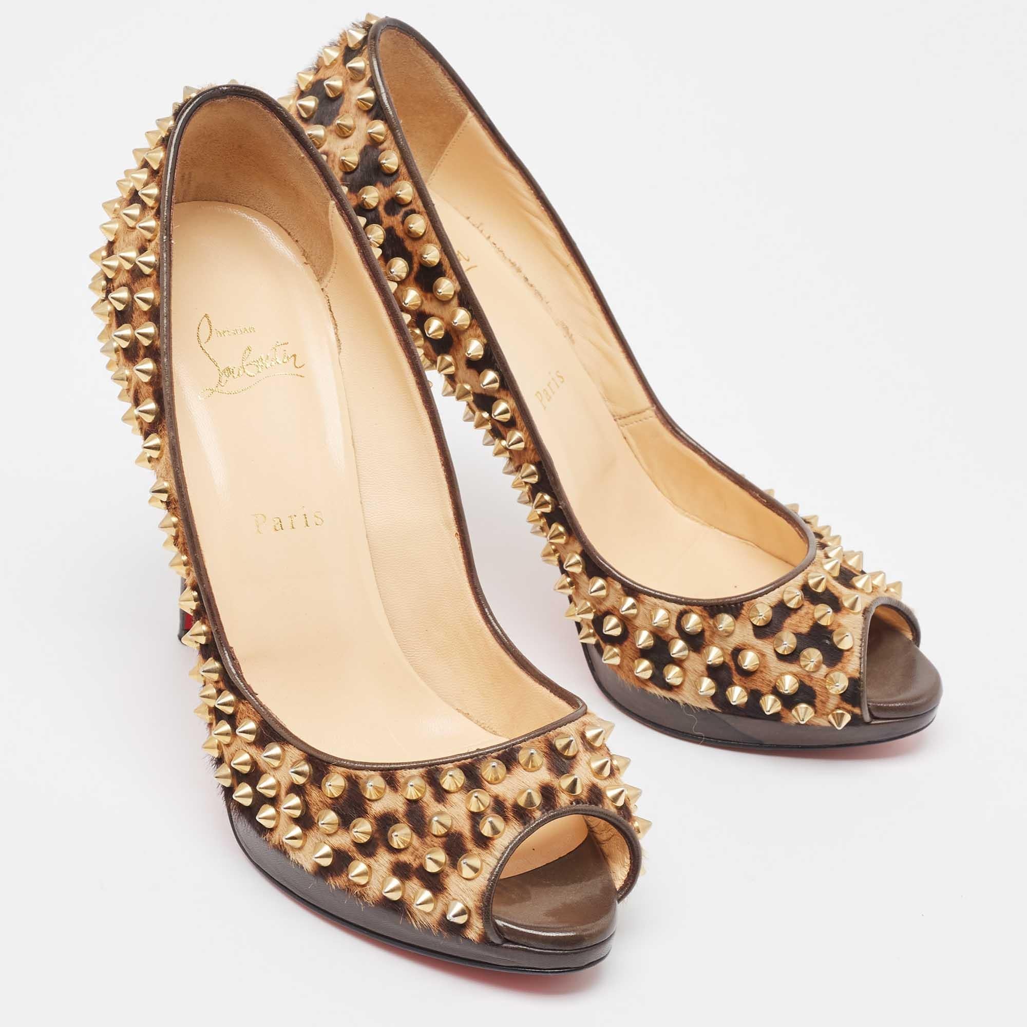 Christian Louboutin Brown Leopard Print Kalbshaar Yolanda Spike Pumps Größe 40,5 (Braun)
