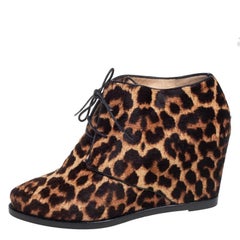 Christian Louboutin Brown Leopard Print Lady Schuss Wedge Ankle Boots Size 38
