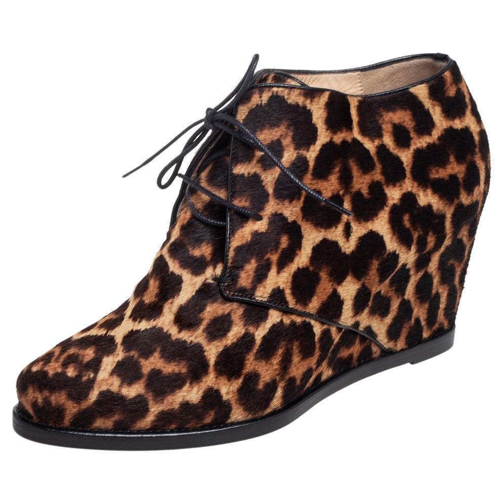 Christian Louboutin Brown Leopard Print Lady Schuss Wedge Ankle Boots Size 38 For Sale