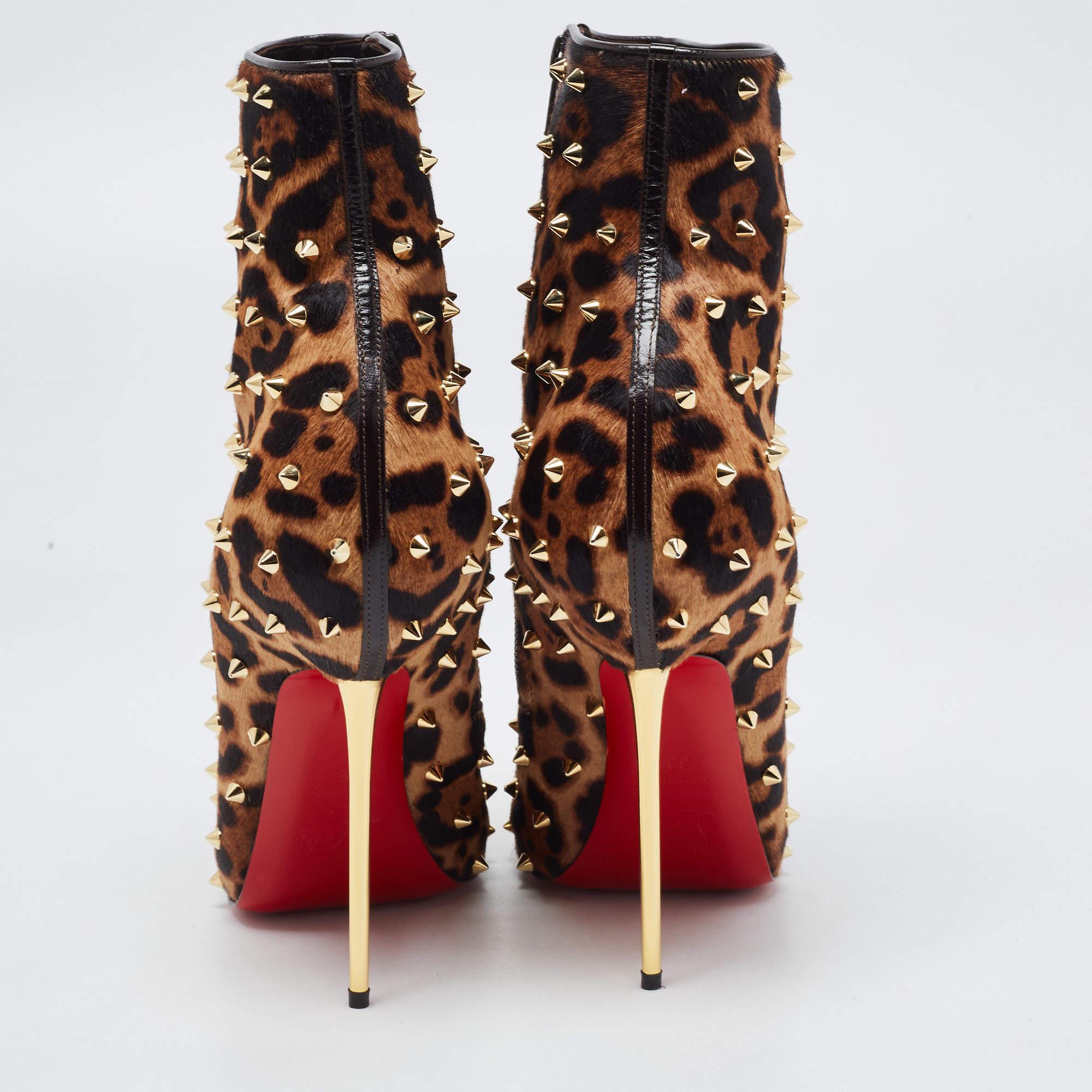 Women's Christian Louboutin Brown Leopard Print Pony Hair Big Lips Spiked Ankle Boots Si