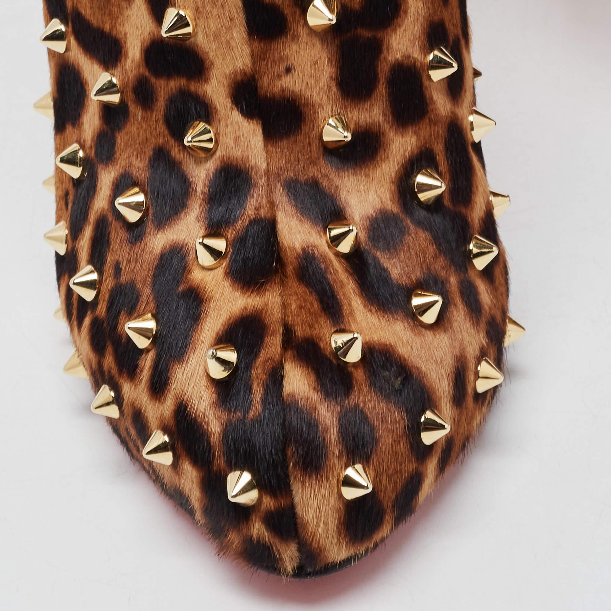 Christian Louboutin Brown Leopard Print Pony Hair Big Lips Spiked Ankle Boots Si 1