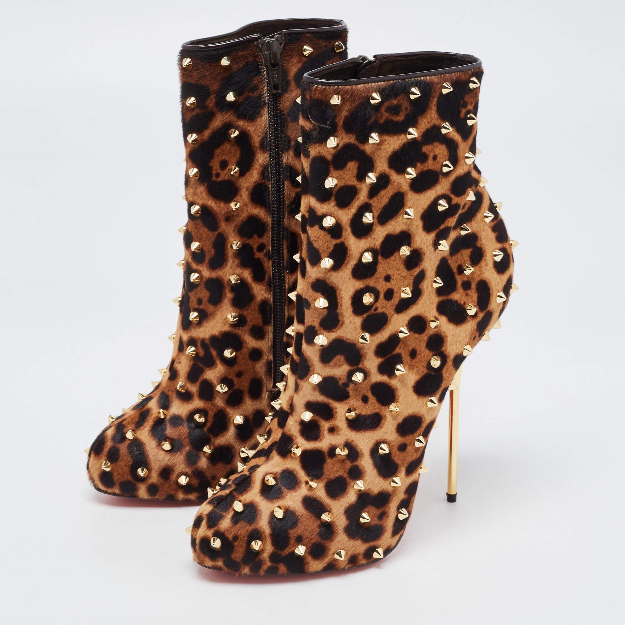 Christian Louboutin Brown Leopard Print Pony Hair Big Lips Spiked Ankle Boots Si 2