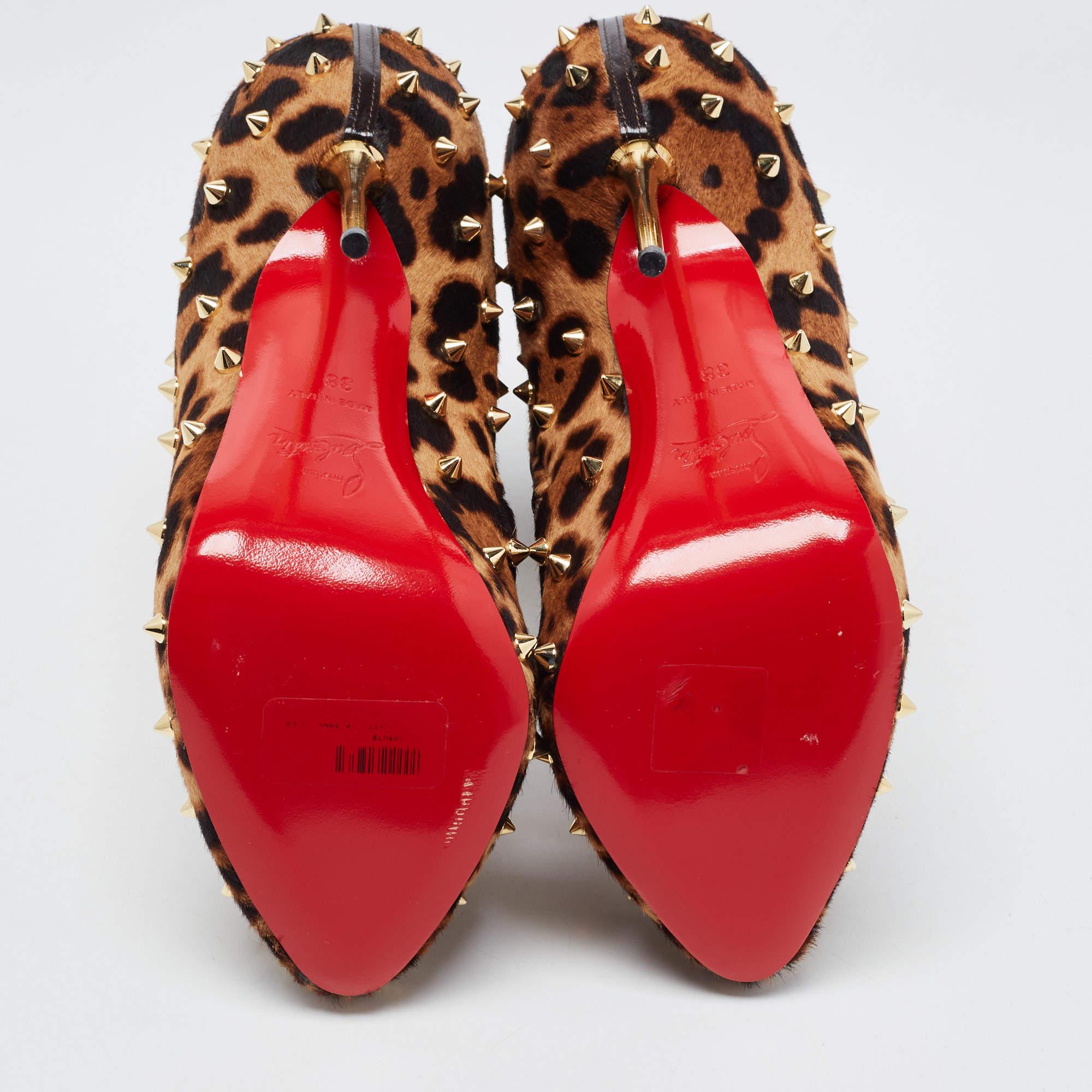 Christian Louboutin Brown Leopard Print Pony Hair Big Lips Spiked Ankle Boots Si 3