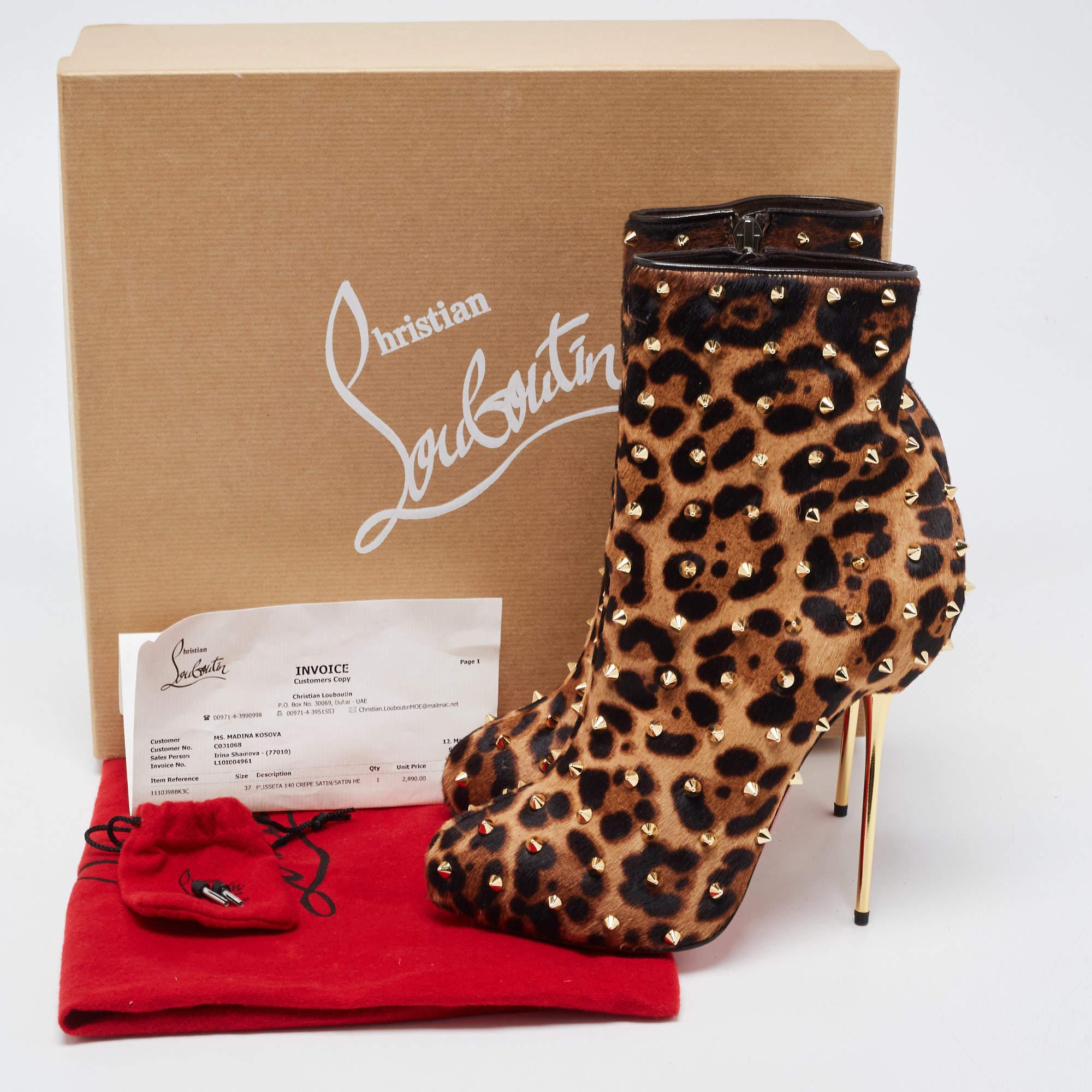 Christian Louboutin Brown Leopard Print Pony Hair Big Lips Spiked Ankle Boots Si 4