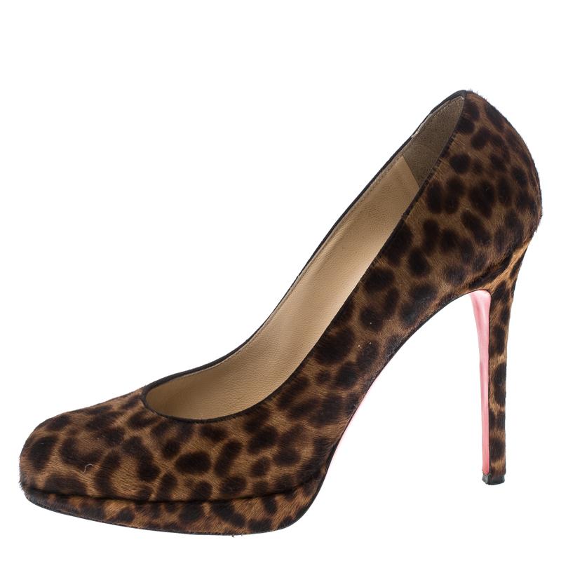 Women's Christian Louboutin Brown Leopard Print Pony Hair Filo Platform Pumps Size 39.5