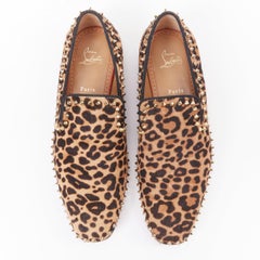 CHRISTIAN LOUBOUTIN brown leopard print ponyhair gold spike stud loafers EU43