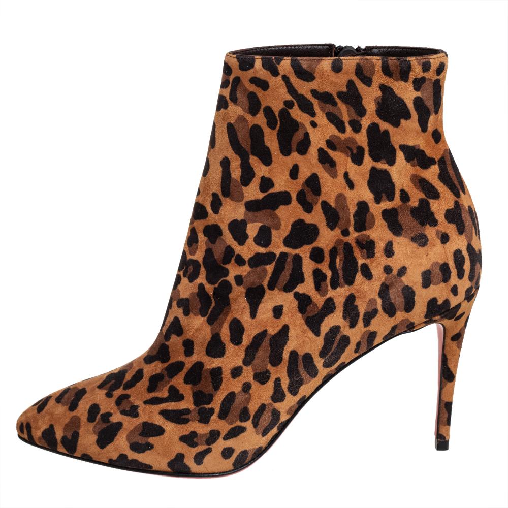 Christian Louboutin is well-known for his graceful designs, and his label is synonymous with opulence, femininity, and elegance. These Eloise boots are crafted from suede into a pointed toe silhouette augmented by the leopard prints all over. They