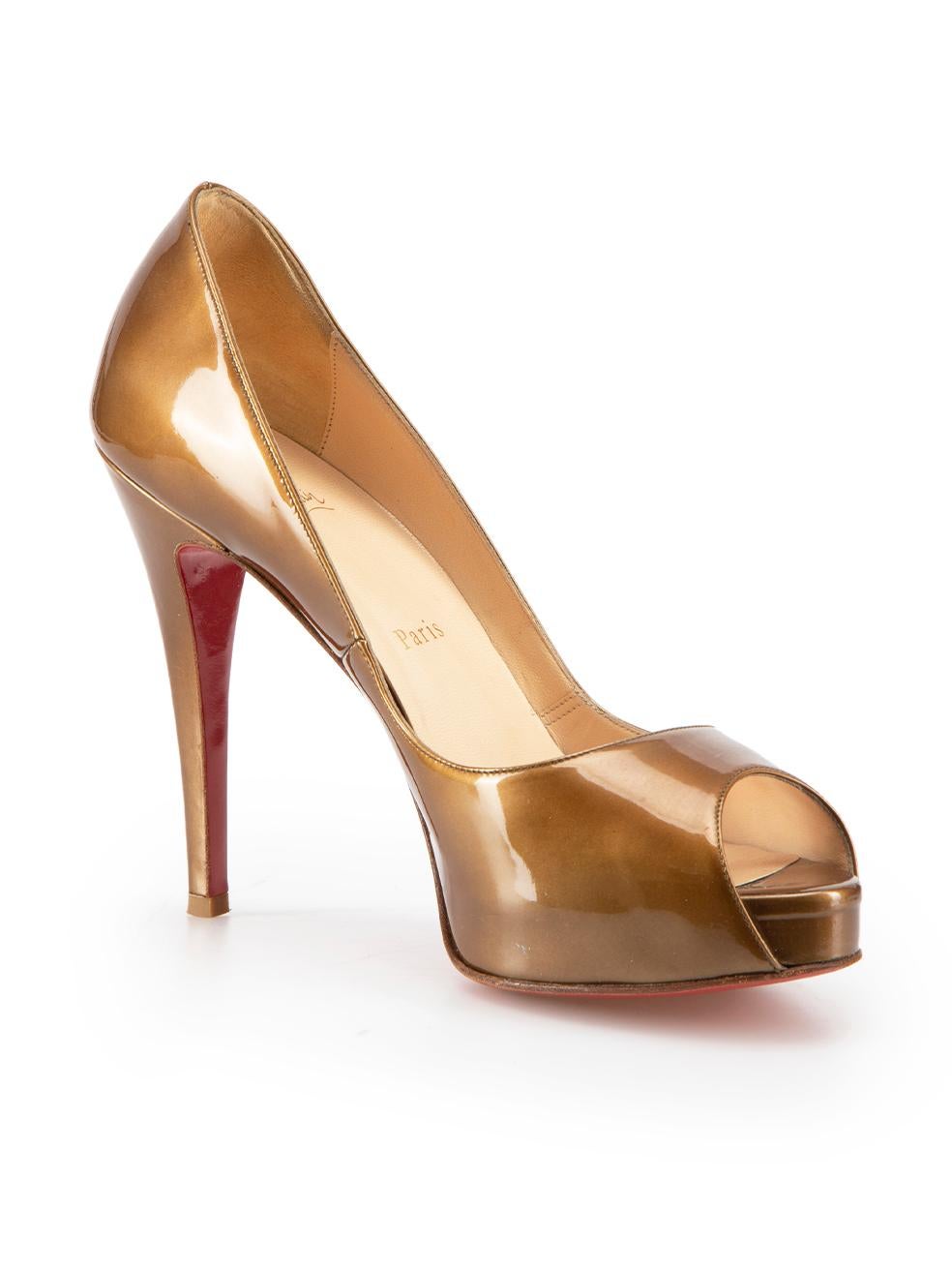 CONDITION is Very good. Minimal wear to heels is evident. Minimal wear to upper however insoles are lightly marked and very mild damage sustained to outsole on this used Christian Louboutin designer resale item.
  
Details
Brown
Patent