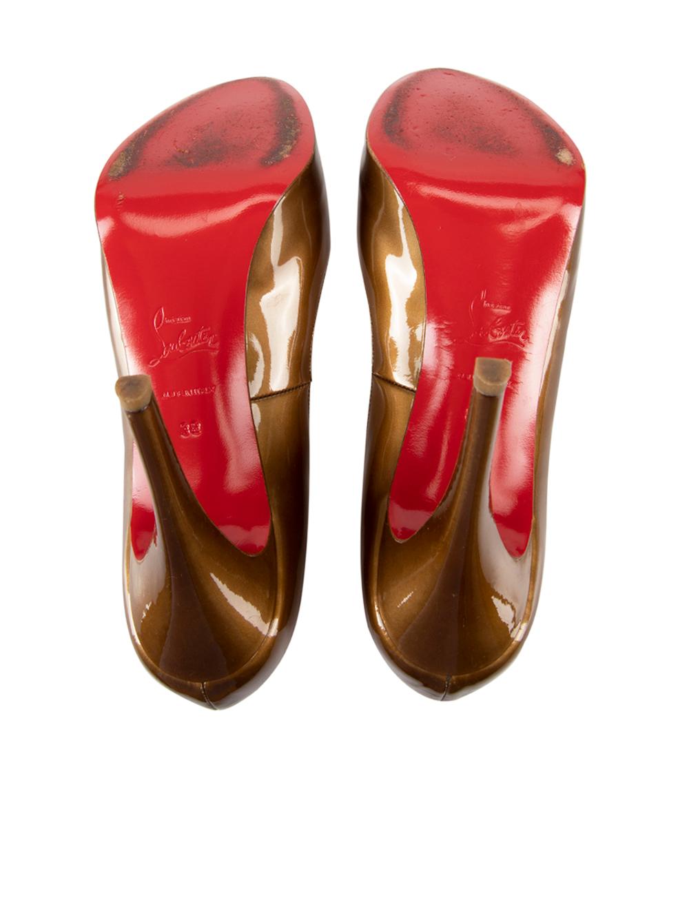 Women's Christian Louboutin Brown Peep Toe Metallic Platform Heels Size EU 38 For Sale