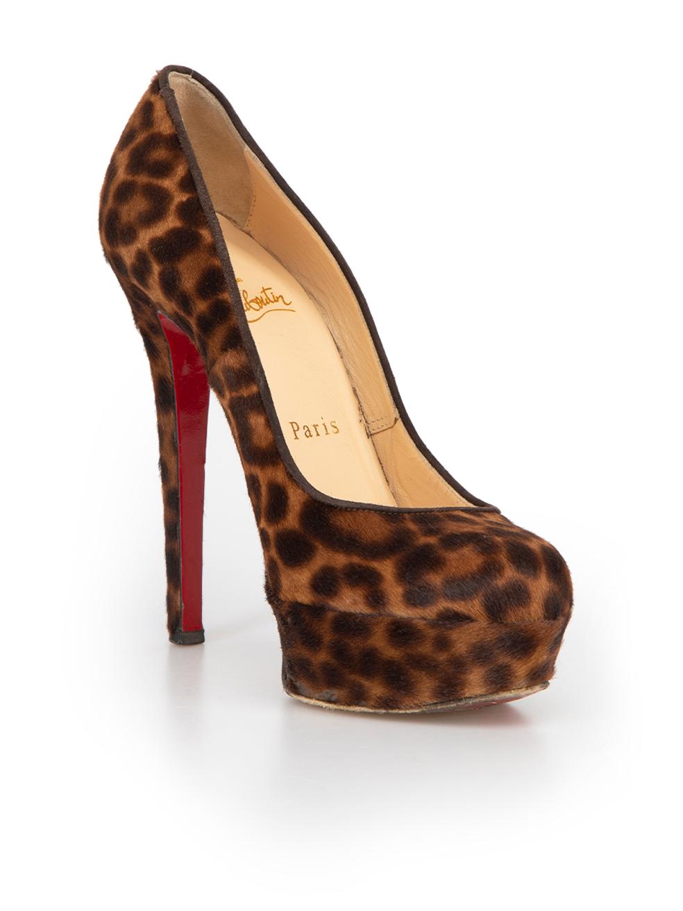 CONDITION is Very good. Minimal wear to shoes is evident. Minimal wear to the right shoe with scuff towards the toe on this used Christian Louboutin designer resale item.
 
 Details
 Brown
 Pony Hair
 Slip on heels
 Leopard print
 Round toe
