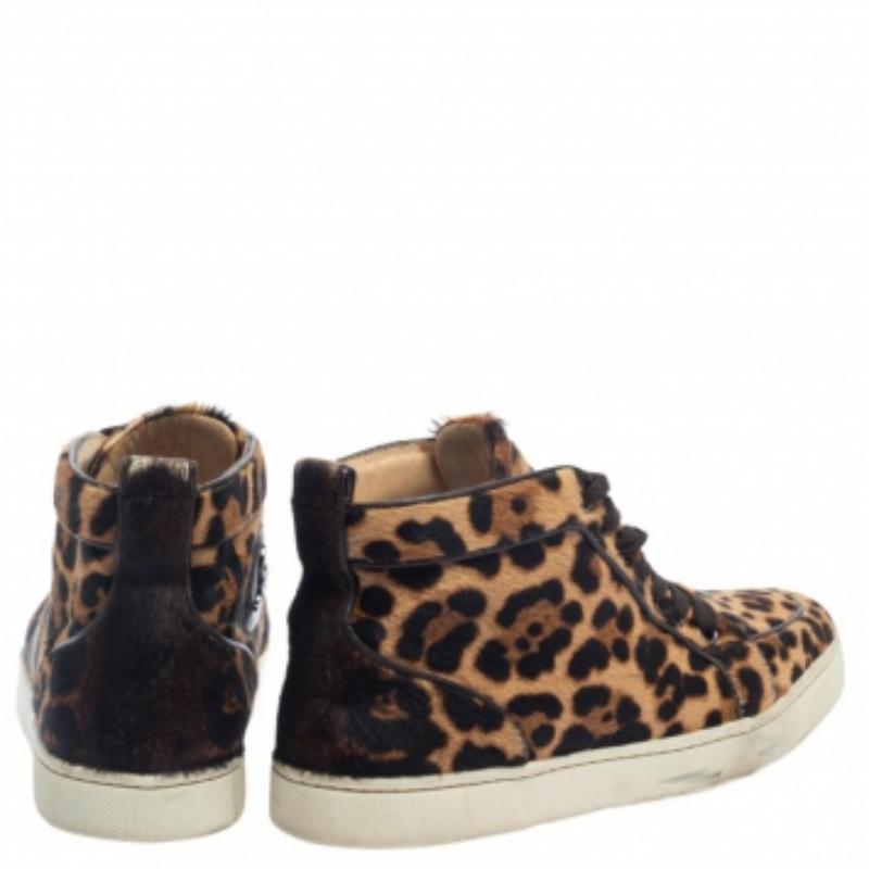 Women's Christian Louboutin Brown Pony Hair Rantus Orlato High Top Sneakers Size 37.5 For Sale