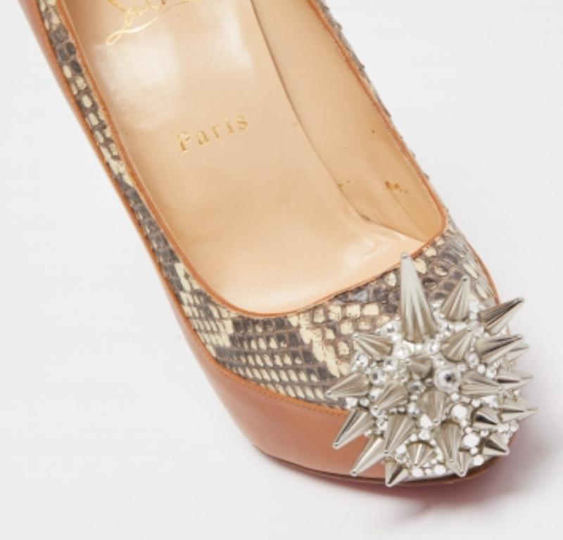 Women's Christian Louboutin Brown Python and Leather Asteriod Spiked Pumps Size 37.5 For Sale