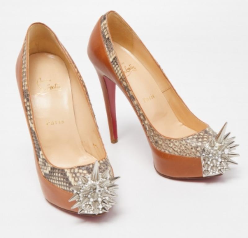 Christian Louboutin Brown Python and Leather Asteriod Spiked Pumps Size 37.5 For Sale 1