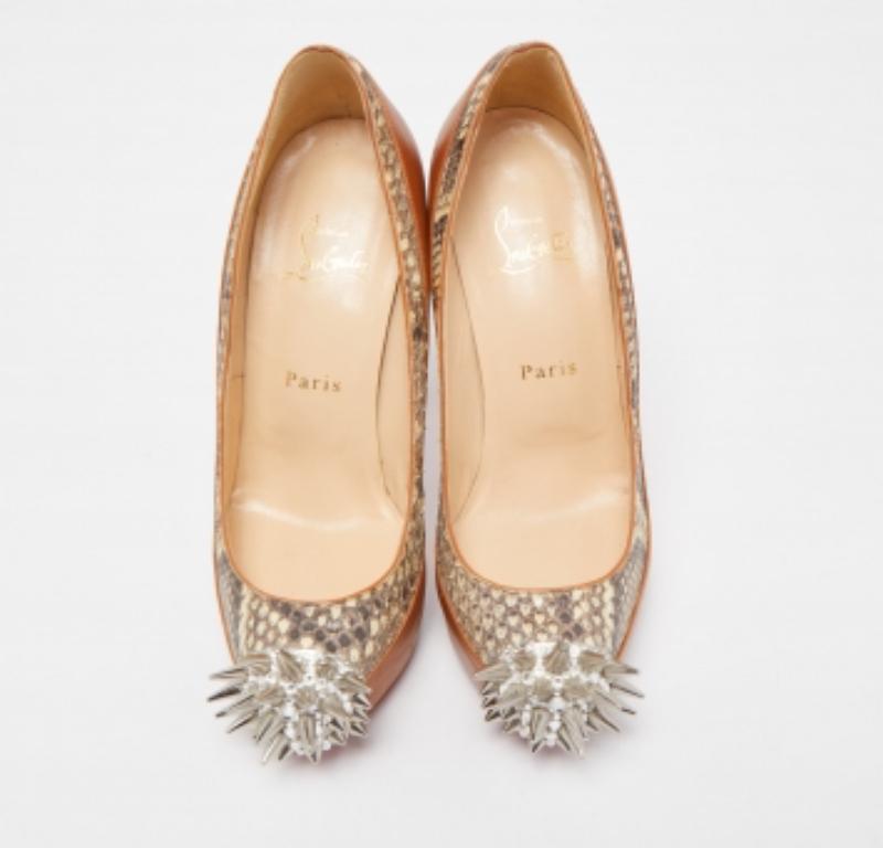 Christian Louboutin Brown Python and Leather Asteriod Spiked Pumps Size 37.5 For Sale 4