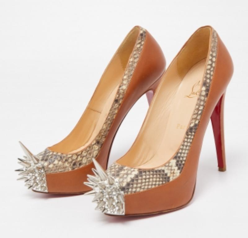 Christian Louboutin Brown Python and Leather Asteriod Spiked Pumps Size 37.5 For Sale 5