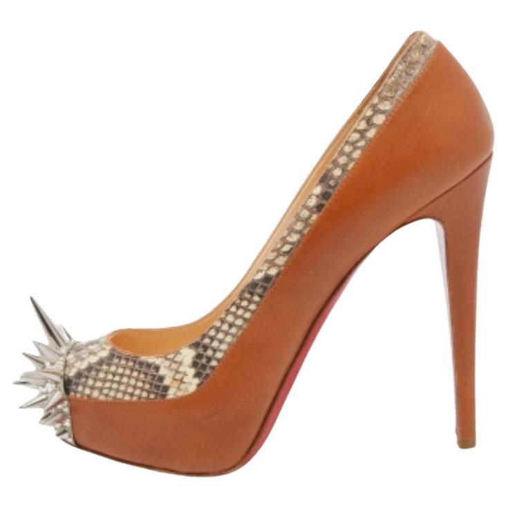 Christian Louboutin Brown Python and Leather Asteriod Spiked Pumps Size 37.5 For Sale