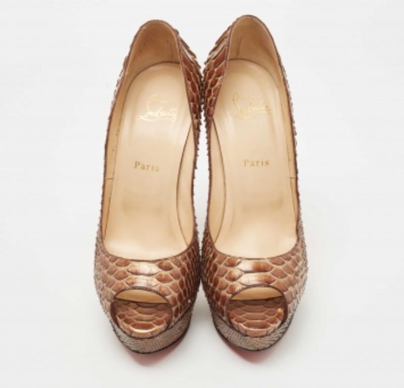 Women's Christian Louboutin Brown Python Lady Peep Pumps Size 40.5 For Sale