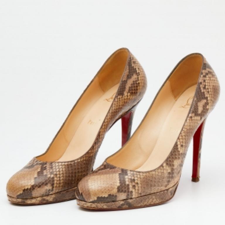 Christian Louboutin Brown Python Leather New Simple Platform Pumps Size 38.5 In Good Condition For Sale In Dubai, Al Qouz 2
