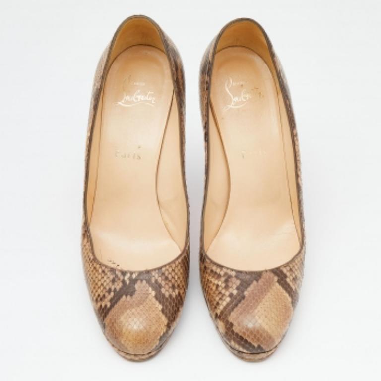 Women's Christian Louboutin Brown Python Leather New Simple Platform Pumps Size 38.5 For Sale