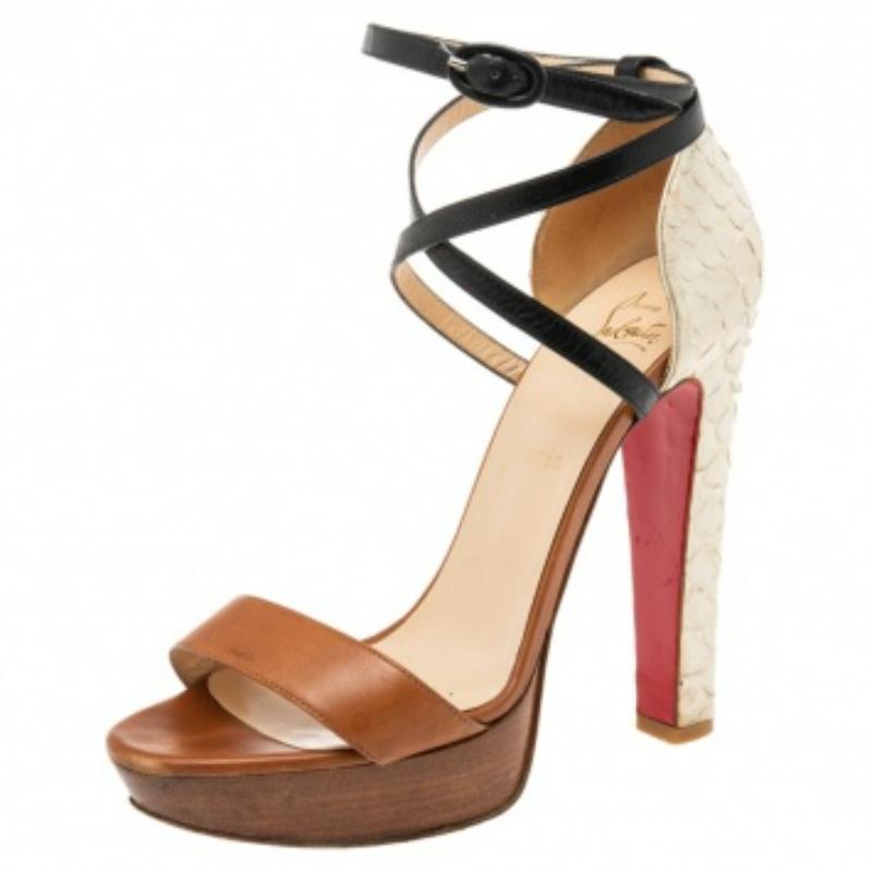 Beige Christian Louboutin Sandales à Plateforme en Python et Cuir marron Taille 39 en vente