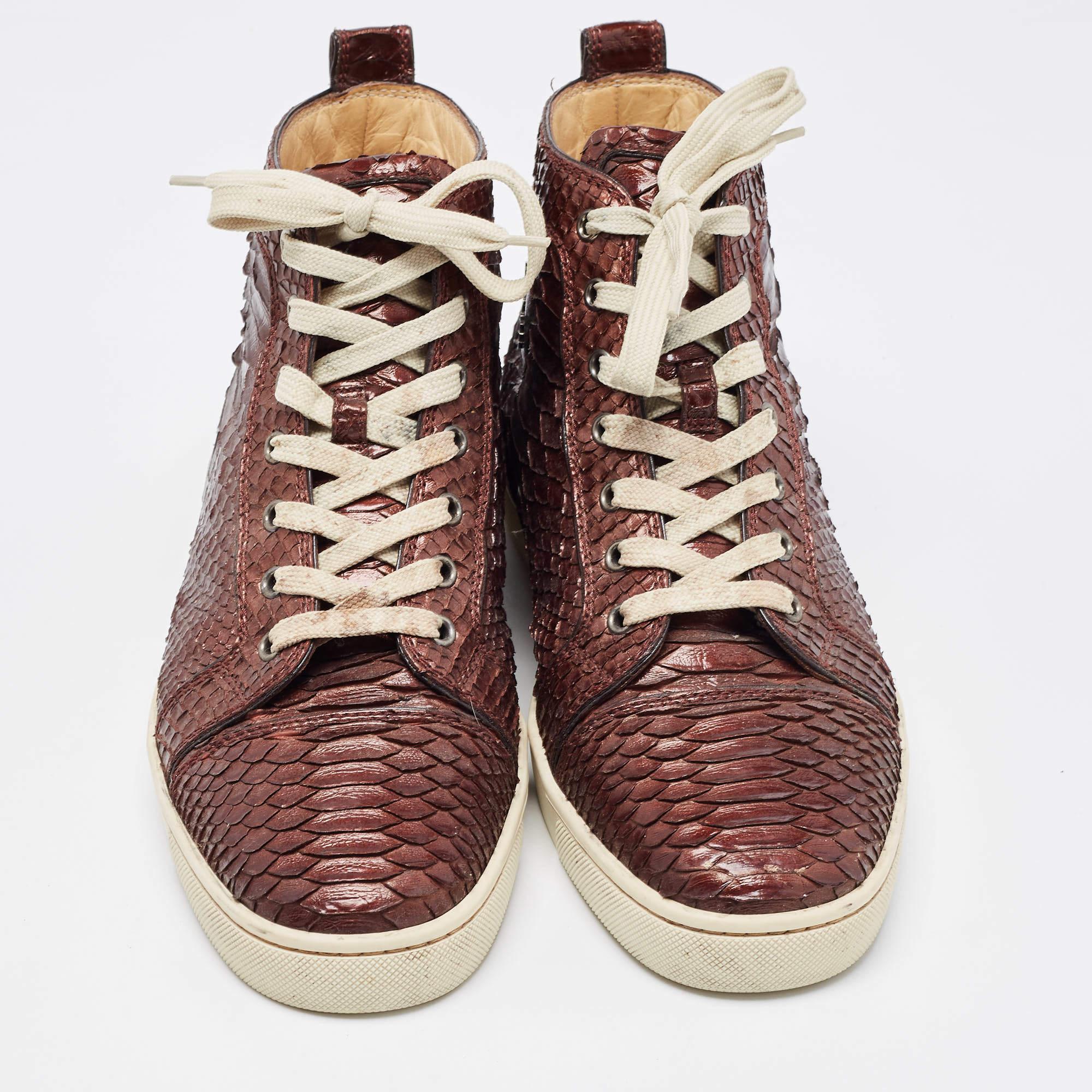 Christian Louboutin Brown Python Louis High Top Sneakers Size 42 In Good Condition For Sale In Dubai, Al Qouz 2